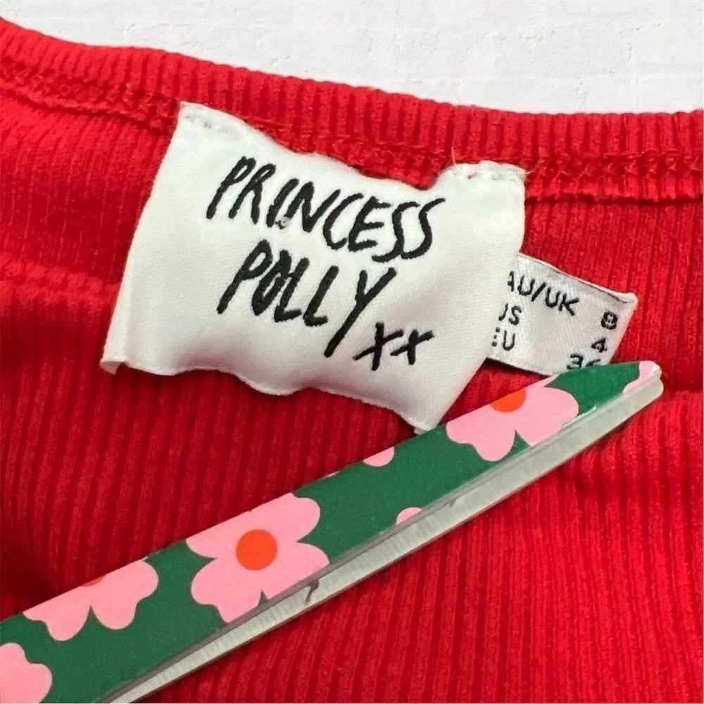 Princess Polly Bustier Crop Top Red Ribbed Long Sleeve Square Neck Size 4 Y2K Sm - Picture 2 of 8
